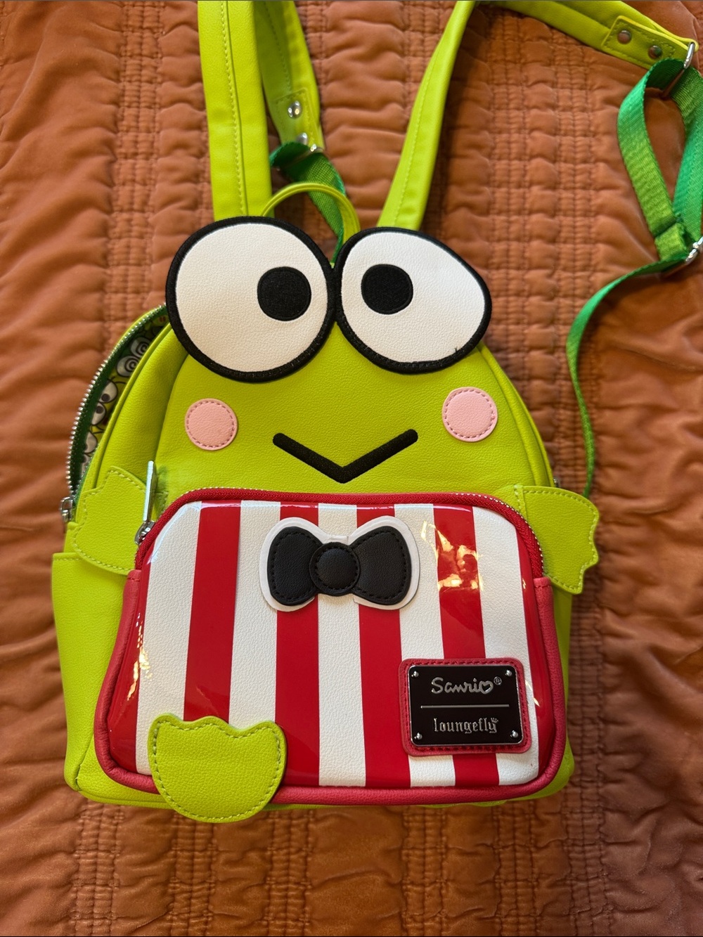 Loungefly Keroppi Kids Lime Green Backpack with Red & White Striped Pocket